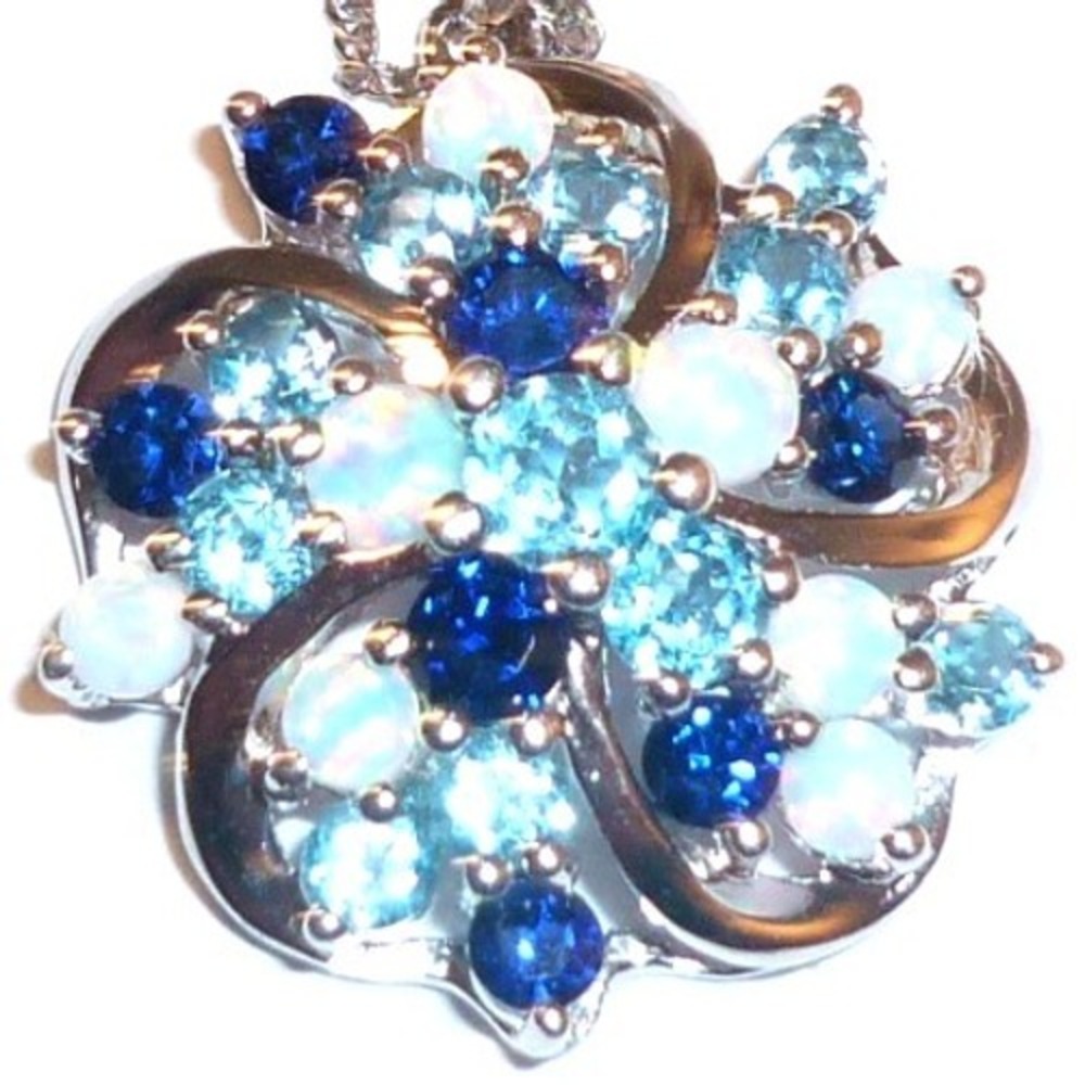 Blue Topaz Sapphire Opal Flower Cluster Pendant Sterling Silver Necklace‎